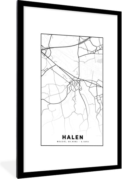 Fotolijst incl. Poster Zwart Wit- Zwart Wit – België – Plattegrond – Stadskaart – Kaart – Halen - 60x90 cm - Posterlijst