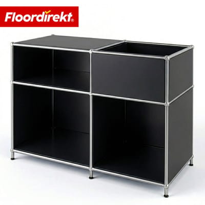 FLOORDIREKT Metalen Rek Concept Epure MK-030 - Staand rek met 3 planken & opbergvak - Sideboard & opbergrek van metaal - 88 x 40 x 65 cm - Zwart - Voor woonkamer, kantoor & hal - Stevig en veelzijdig - Verkrijgbaar in verschillende kleuren