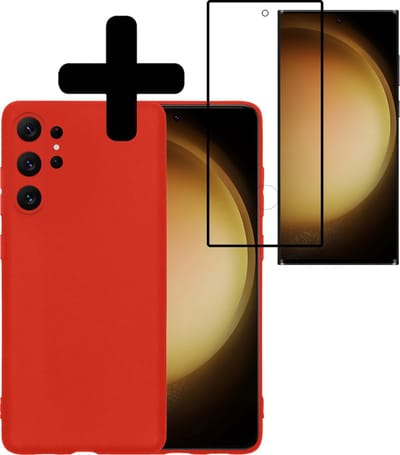 Hoesje - Met Screenprotector - Geschikt voor Samsung Galaxy S23 Ultra - Sterk & Shockproof - Back Cover - Siliconen Case - Telefoon Hoes - Telefoonhoesjes - Rood