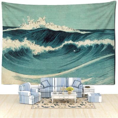 Peinture à l'huile bleue Vague Tapisserie Art Mural Style Bohème Hippie Tapiz Décoration Esthétique Chambre 95x70CM blue