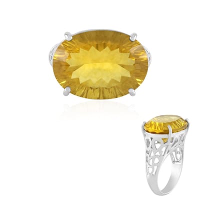 Cavill - Luxe Damesring 925 Sterling Zilver Gerhodineerd - 14,49 ct Gele Fluoriet Ovale Geslepen Edelsteen Brazilië - Rond Sieraad