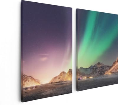 Artaza Canvas Schilderij Tweeluik Noorderlicht in de Bergen met Sneeuw - 80x60 - Foto Op Canvas - Canvas Print