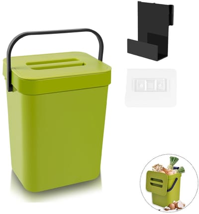 5L Aanrecht Afvalbakje - Prullenbak - Afvalbakje - Ophangprullenbak - Compostbak - Keukencompostbak - Met Deksel - Hangen Of Staan - Afvalscheiding - Ophangbaar Met Plakstrip - Compostbakje Met Ophang Beugel - Voor Aanrecht Of Aan Keuken Kastje