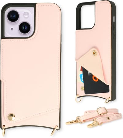 Casemania Hoesje Geschikt voor Apple iPhone 14 - Back Cover met Draagkoord - Pasjeshouder Hoes met Bandje - Crossbody Telefoonhoesje - Lanyard Case - Roze