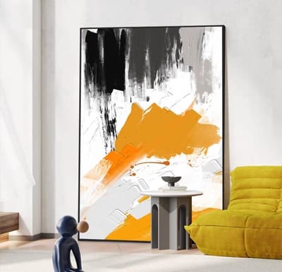 Fine Asianliving Olieverf Schilderij 100% Handgeschilderd 3D met Reliëf Effect en Zwarte Omlijsting 90x120cm Abstracte Kunst Oranje