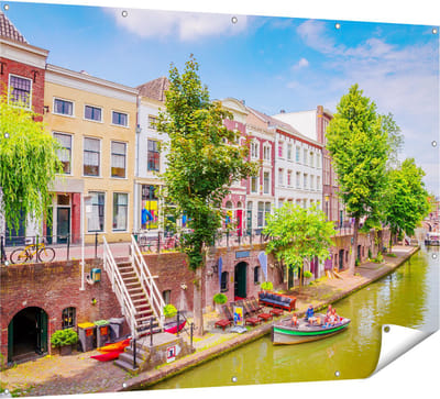 Gards Tuinposter Huisjes aan de Oudegracht in Utrecht - 160x120 cm - Tuindoek - Tuindecoratie - Wanddecoratie buiten - Tuinschilderij