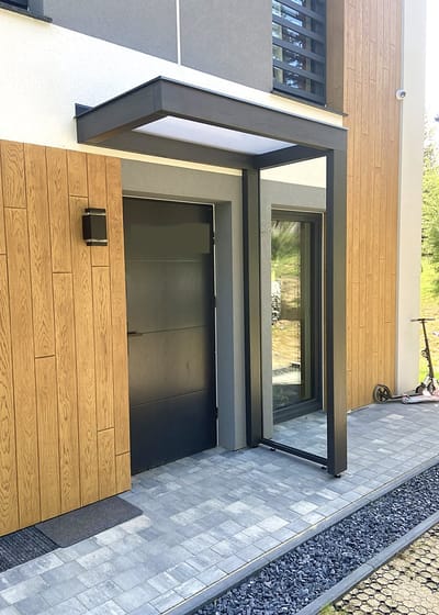 Deurluifel LUZ 90 x 300 x 250 cm - Antraciet - Moderne Luifel met Zijpaneel (L/R) - BSH Constructiehout (Brettschichtholz) en Gehard Glas - model A30 – Zinken Rand - inclusief Montage op Locatie