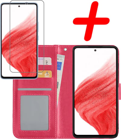 Hoesje Met Screenprotector - Geschikt voor Samsung Galaxy A53 - Luxe Pasjeshouder - Bookcase Portemonee - Flip Case - Kunstleer Book Case - Flipcase - Book Cover - Walletcase - Portemonneehoes - Donkerroze