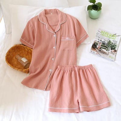Zomer Koppels Pyjama Set Puur Katoen Crêpe Dames Effen Kleur Eenvoudig Korte Mouw Shirt Shorts Pyjama Set Dames L beige