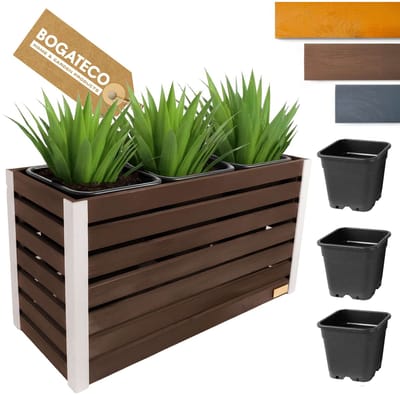 BOGATECO Houten Bloembak | Plantenbak | Bloempot 57x100x36 cm | Kruidenpot voor Thuis Tuin Balkon Terras | Pot met Kunststof Inzetstuk | Geïmpregneerd | Donkerbruin