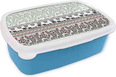 Broodtrommel Blauw - Lunchbox - Brooddoos - Planten - Olifant - Patroon - 18x12x6 cm - Kinderen - Jongen
