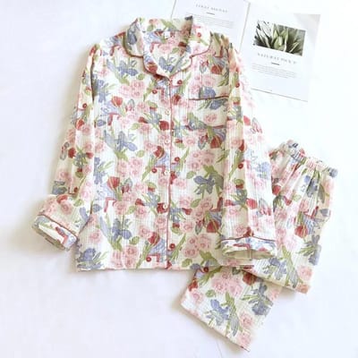 Nieuwe Lente en Herfst Dames Pyjama Set 100% Katoen Bedrukt Polo Kraag Lange Mouw Tweedelig Losse Bloemen Huiskleding XL beige