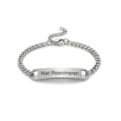Gegraveerde Niet Reanimeren Armband - Niet Reanimeren Penning - Do Not Resuscitate - Gegraveerd - Gebogen Bar - Roestvrij Staal - RVS - Verstelbaar - Zilverkleurig