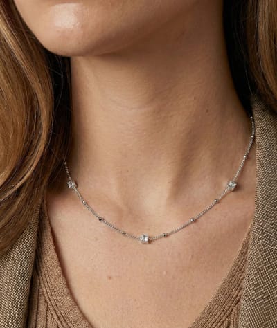 Lundholm Ketting Dames Zilver Kleurig Jewellery – Premium Stainless Steel – Zilverkleurige met Zirkonia Steentjes Ketting (39 + 5 cm) – My Eline Serie – Waterproof & Hypoallergeen