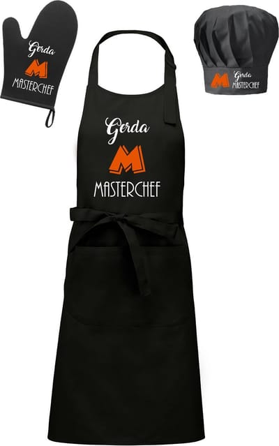 mijncadeautje - Cadeauset "Brasserie" - 3 delig - Schort + Ovenwant + Koksmuts - Masterchef met voornaam - zwart