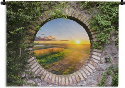 Wandkleed - Wanddoek - Platteland - Doorkijk - Zon - 120x90 cm - Wandtapijt
