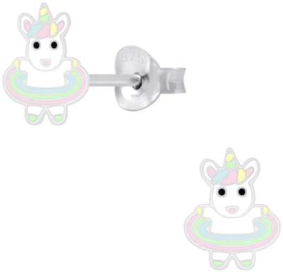 Joy|S - Zilveren eenhoorn met hoelahoep oorbellen - 7 x 9 mm - unicorn oorknoppen