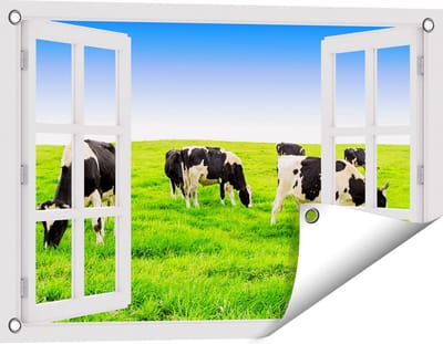 Gards Tuinposter Doorkijk Kudde Koeien in de Wei - Hemel Blauwe Lucht - 60x40 cm - Tuindoek - Tuindecoratie - Wanddecoratie buiten - Tuinschilderij