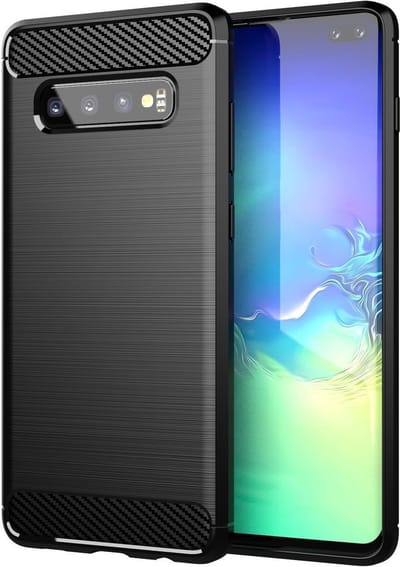 Cadorabo Hoesje geschikt voor Samsung Galaxy S10 PLUS in Brushed Zwart - Beschermhoes van flexibel TPU siliconen in roestvrij staal-carbonvezel look Case Cover