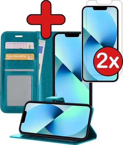 Hoesje - Met 2x Screenprotector - Geschikt voor Apple iPhone 13 Mini - Luxe Pasjeshouder - Flip Case - Bookcase Portemonee - Kunstleer Book Case - Flipcase Hoes - Book Cover - Walletcase - Portemonneehoes - Telefoonhoes - Turquoise