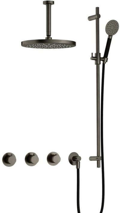 Hotbath Cobber - CB7067 - Inbouw Regendoucheset - Verouderd Ijzer - 2 Stopkranen - Thermostatisch - Plafondbuis 15 cm - Hoofddouche 300 mm - Ronde Handdouche 3 Standen - met M106 - Waterbesparend - V02