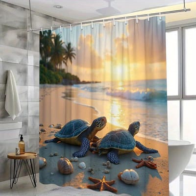 Zeeschildpad Zonsondergang Douchegordijn - Serene Strandscène met Schildpadden, Palmen & Schelpen, Polyester, Wasbaar, Tropische Badkamer Decoratie W90XH180cm beige