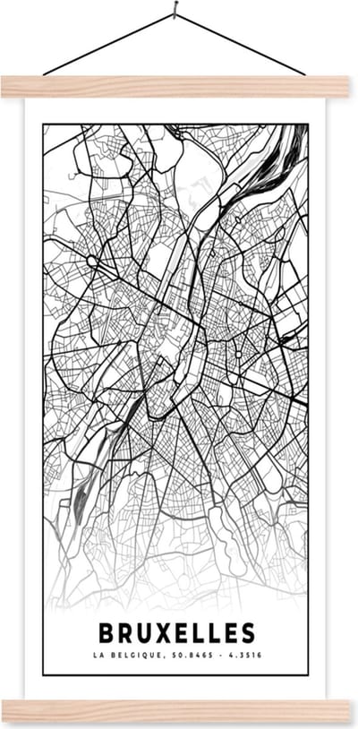 Posterhanger incl. Poster 60x120 cm - Schoolplaat - Stadskaart – Zwart Wit - Kaart – Bruxelles – België – Plattegrond - Textielposter - Blanke latten - Stadskaart