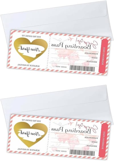 Aangepaste Cadeaukaart voor Vliegtickets, 2 Stuks, Personaliseerbaar, Roze, 20 cm Lang, 9 cm Breed, Perfect voor Verjaardag, Koppels en Reisverrassingen