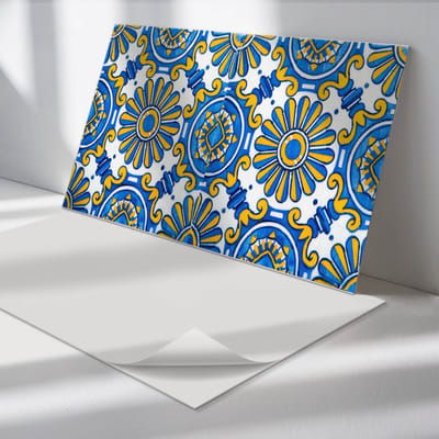 Wallfluent Vinyl Wandpaneel - Bloemenpatroon op tegels Zelfklevende Wandbekleding - 120 cm x 60 cm - Blauw Vinyl Wandpaneel - 1 stuk - Rechthoekig Wandbekleding Vinyl - Texturen Wandpaneel - Wandpaneel PVC - Wandpaneel Keuken en Badkamer