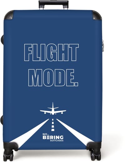 NoBoringSuitcases.com® - Koffer groot - Reiskoffer lichtgewicht - Blauwe achtergrond met vliegtuig en tekst Flight Mode - Rolkoffer met 4 wielen - Grote trolley XL - 98 liter bagage