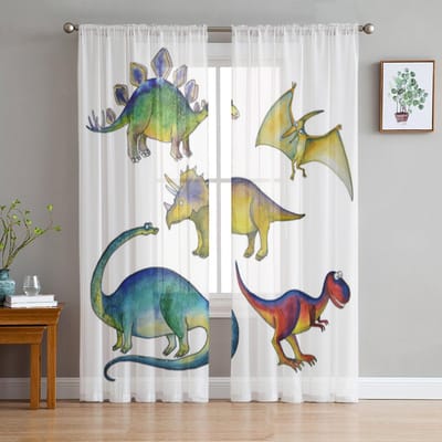 Schattige Cartoon Dinosaurus Tule Gordijnen Voor Woonkamer Slaapkamer Kerst Chiffon Transparant Voile Keuken Gordijn 135W x 114H(cm) white