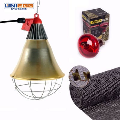 UniEgg® Premium Armatuur met 100WATT warmtelamp en ANTI-spreidpoten matje | Armatuur met schakelaar en beschermingskooi 2.5m kabel max 175W - E26 - warmtelamp - broedlamp - biggenlamp