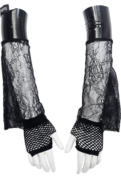 BamBella ® Handschoenen - Gothic kant datex (mix latex en stof) 2 delig set Zwart