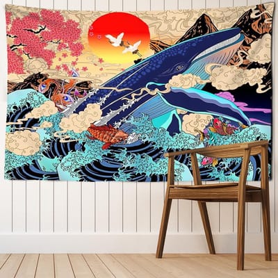 Walvis Illustratie Wandkleed Kleurrijk Psychedelisch Hekserij Esthetiek Kamer Slaapzaal Achtergrond Decor 95x70cm