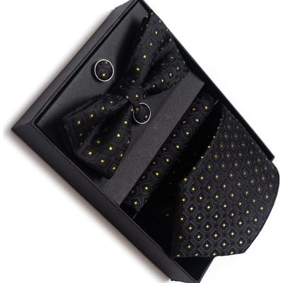 Ensemble de cravates pour hommes Cravate faite main Nœud papillon Mouchoir de poche Boutons de manchette pour Affaires Banquet Mariage Travail Noir black