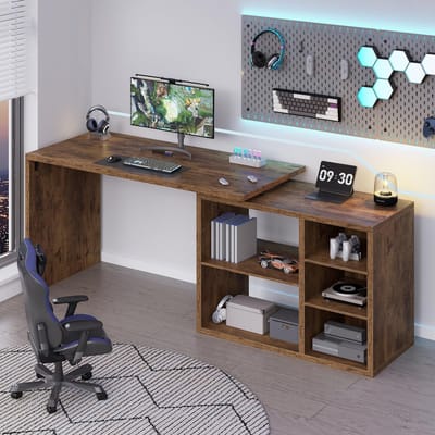 Hoekbureau L-vorm met Opbergruimte 140 x 50 x 76 cm – Omkeerbaar Computerbureau met 5 Open Planken – Industrieel Bureau voor Thuiskantoor, Gaming, Studie en Werkplek – Rustiek Bruin – Mobili Bella