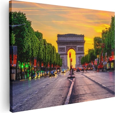 Artaza Canvas Schilderij Parijs - 80x60 cm - Wanddecoratie Skyline - Muurdecoratie Zonsondergang - Schilderijen Op Canvas