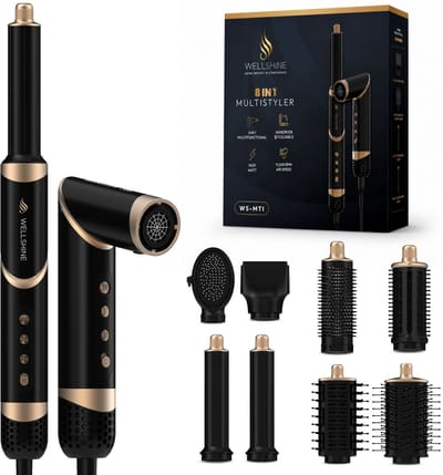 Wellshine 8-in-1 Airstyler Nova Zwart - Föhnborstel & Krulborstel - Multistyler - Stijlborstel - Warmteborstel - Föhn / Haardroger - Krultang - Hairwrap - Ionisch - Incl. Coldshot