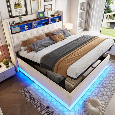 DESMIU Gestoffeerd Bed 180x200cm – Led Hoofdbord Met Usb Oplaadpoort – Hydraulische Opbergruimte En Hoofdbordvak – Volwassene En Slaapkamer – Stof En Metaal – Beige Zonder Matras