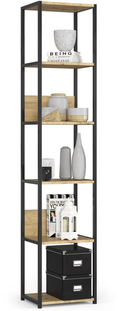 Open Boekenkast, Ladderkast, Loft Design / Metalen Vakkenkast met 6 Planken / Opbergplank / Boekenrek Opslagrek / Zwart - Artisan Eik / 40 x 192 x 32 cm