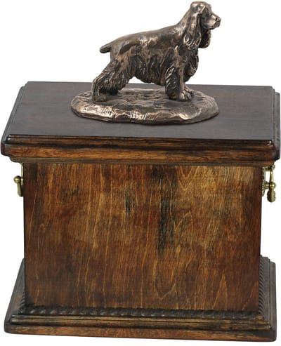 Elegante urn voor de as van een Engelse Cocker Spaniel met beeldje