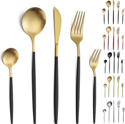Candala bestekset, 30-delige bestekset 6 personen, roestvrijstalen bestekset, bestek zwart goud mat, besteksets, bestek met mes, vork, lepel, vaatwasmachinebestendig