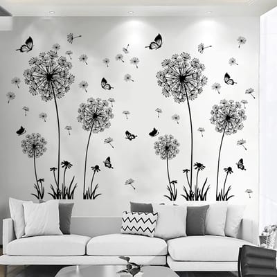 Dandelion Muursticker voor Woonkamer, Slaapkamer en Kinderkamer - Zwarte Bloemen Raamdecoratie - Plantenstickers voor Keuken en Badkamer