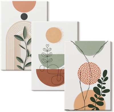 Wallfluent Set van canvas schilderijen - Abstracte vormen met kleurrijke plantenmotieven Canvas Schilderijen Set - set 3 stuks 20x30 cm - Beige Set van Canvas Prints - Abstractie Canvas Kunst Set - Boheemse Canvas Kunst Set