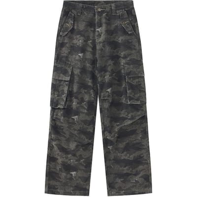 A-lijn Camouflage Jeans voor Mannen en Vrouwen Zonder Geslacht, Driedimensionale Zak Wijde Rechte Werkbroek 3XL gray