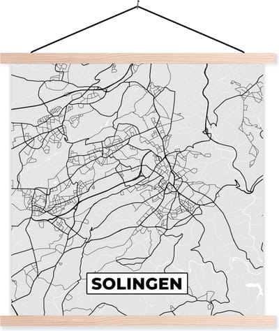 Posterhanger incl. Poster 40x40 cm - Schoolplaat - Plattegrond - Kaart - Stadskaart - Duitsland - Solingen - Textielposter - Blanke latten - Stadskaart
