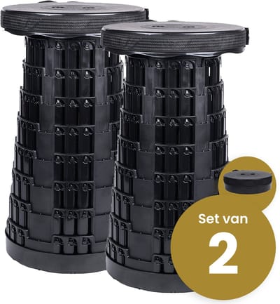 Alora Opvouwbare Kruk Extra Strong Zwart Per 2 - Telescopische Kruk - 250 Kg - Inklapbare Kruk - Draagbaar - Kampeerstoel - Opstapkrukje