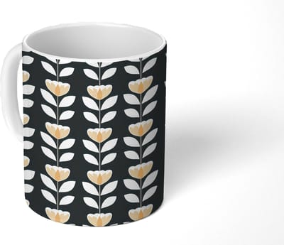 Mok - Koffiemok - Retro - Bloem - Zwart - Okergeel - Mokken - 350 ML - Beker - Koffiemokken - Theemok