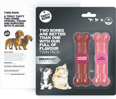 TastyBone - Small - Twinpack Breakfast - Beef Sausage & Bacon - Hond - Kauwspeelgoed - Vegan - Kluif - Nylabone