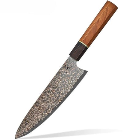 KAAMUT® Chefmes 20 cm 67 Lagen Koper Damascusstaal – Vlijmscherp – Professioneel Koksmes – Massief Houten Handvat